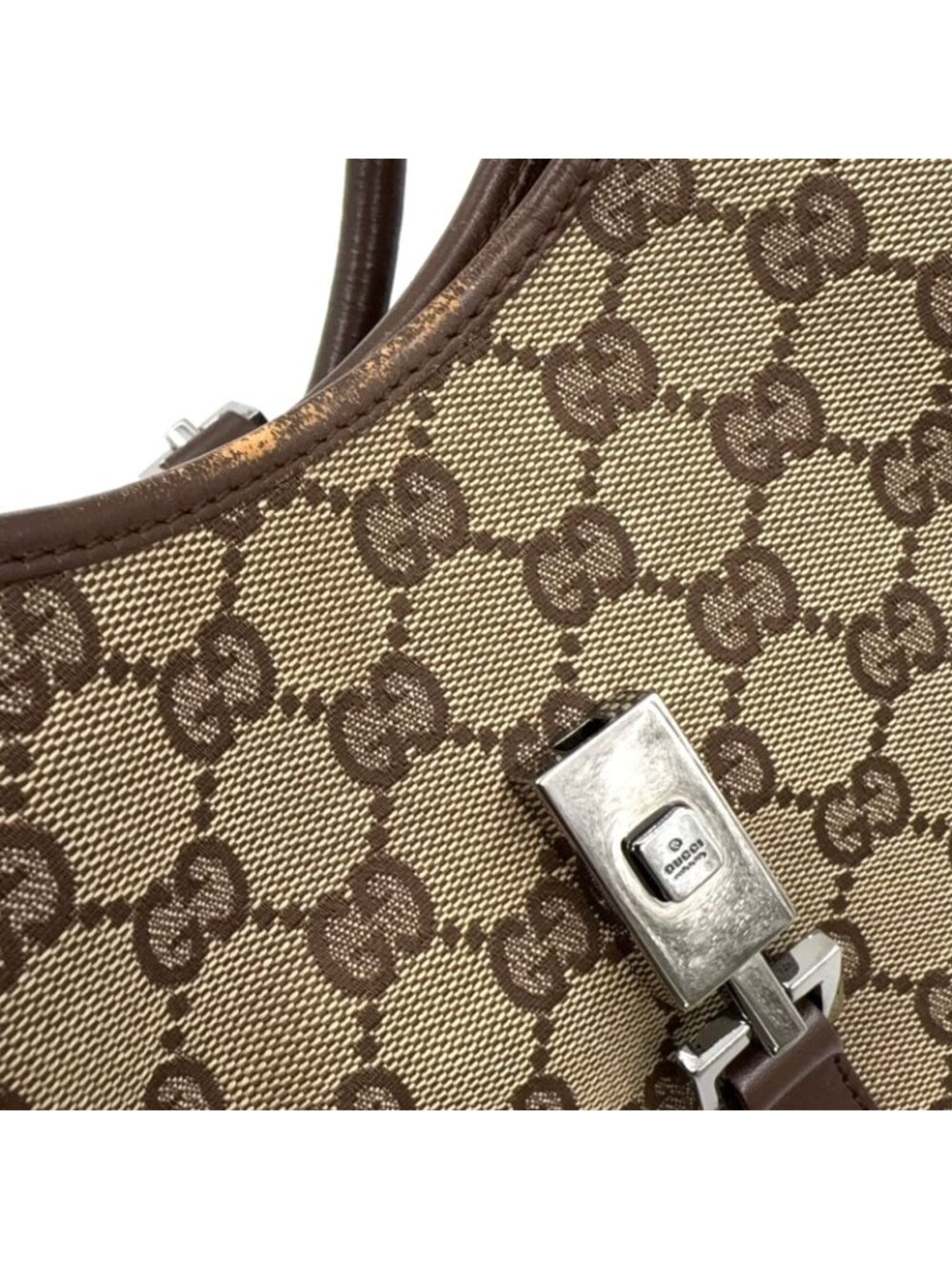 Gucci Jackie Leather Canvas Brown Beige Handbag Silver - Picture 9 of 15